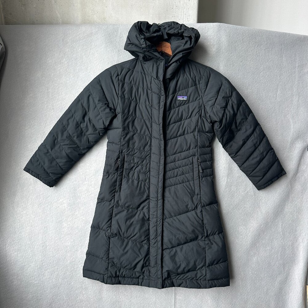 Patagonia Jacket Girls Small 8 Black Goose Down Quilted Hooded Parka Puffer Coat